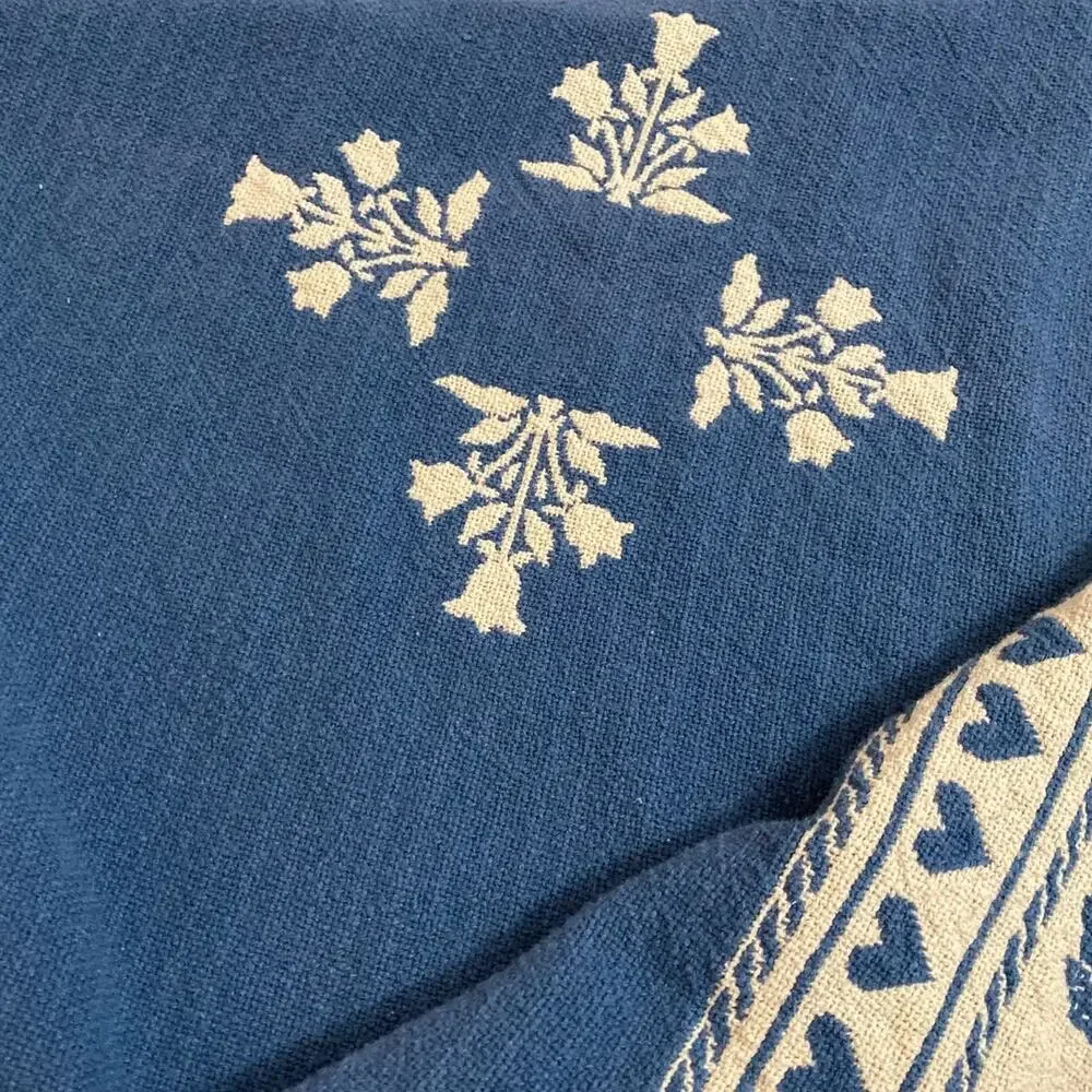 Vintage Cats & Hearts Tapestry Reversible Throw Blanket Fringe Navy Blue Kitty